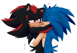 Size: 2048x1422 | Tagged: safe, artist:axzlguy, shadow the hedgehog, sonic the hedgehog, 2024, cheek fluff, cute, duo, eyes closed, frown, gay, hugging, lidded eyes, shadow x sonic, shipping, signature, simple background, smile, standing, top surgery scars, trans male, transgender, wagging tail, white background
