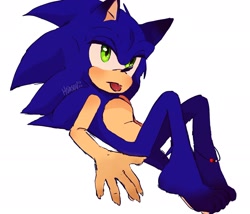 Size: 2048x1755 | Tagged: safe, artist:h0asov, sonic the hedgehog, 2024, barefoot, blushing, gloves off, looking up, lying down, signature, simple background, solo, tongue out, white background
