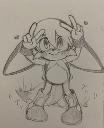 Size: 1664x2048 | Tagged: safe, artist:tomii_pepe, kit the fennec, blushing, cute, double v sign, heart, japanese text, kitabetes, line art, looking ahead, looking offscreen, pencilwork, sketch, smile, solo, standing, traditional media, v sign, wagging tail