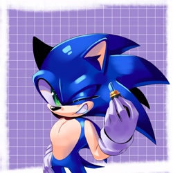 Size: 2048x2048 | Tagged: safe, artist:studiononsense, sonic the hedgehog, 2024, abstract background, holding something, lipstick, looking at viewer, smile, solo, standing, wink