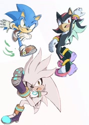 Size: 1448x2048 | Tagged: safe, artist:glaytherabbig, shadow the hedgehog, silver the hedgehog, sonic the hedgehog, grass, looking at viewer, looking offscreen, mouth open, running, simple background, smile, trio, white background