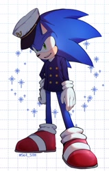 Size: 1305x2048 | Tagged: safe, artist:sol_sth, sonic the hedgehog, the murder of sonic the hedgehog, 2024, looking offscreen, mouth open, smile, solo, standing