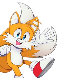 Size: 810x1080 | Tagged: safe, artist:space_n_stars42, miles "tails" prower, 2024, looking at viewer, mouth open, simple background, smile, solo, standing on one leg, waving, white background