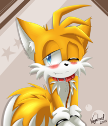 Size: 4000x4666 | Tagged: safe, artist:vagabondwolves, miles "tails" prower, 2015, abstract background, blushing, collar, frown, implied sontails, leash, looking offscreen, one eye closed, one fang, signature, solo, star (symbol), tears, tears of embarrassment