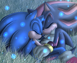 Size: 2234x1820 | Tagged: safe, artist:angelofhapiness, shadow the hedgehog, sonic the hedgehog, 2014, abstract background, clenched teeth, cuddling, duo, eyes closed, firefly, gay, grass, holding each other, literal animal, lying down, lying on side, nighttime, outdoors, shadow x sonic, shipping, sleeping