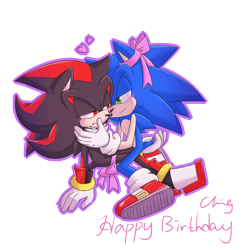 Size: 1000x1000 | Tagged: safe, artist:heihei188, shadow the hedgehog, sonic the hedgehog, 2013, birthday, blushing, bow, duo, english text, gay, heart, lidded eyes, looking at each other, outline, ribbon, shadow x sonic, shipping, simple background, sitting, smile, transparent background