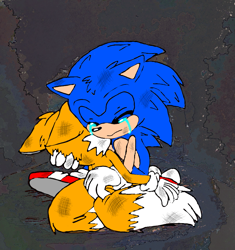 Size: 867x921 | Tagged: safe, miles "tails" prower, sonic the hedgehog, 2022, crying, duo, eyes closed, frown, holding them, injured, messy fur, tears, tears of sadness
