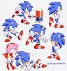 Size: 1931x2048 | Tagged: safe, artist:choccymilk589, amy rose, sonic the hedgehog, 2022, duo, grey background, holding something, looking at them, lying down, multiple views, piko piko hammer, redraw, simple background, sonic advance 3, sprite redraw, standing, stretching