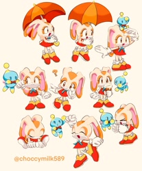 Size: 1694x2048 | Tagged: safe, artist:choccymilk589, cheese (chao), cream the rabbit, chao, 2022, duo, food, happy, holding something, ice cream, redraw, simple background, sitting, smile, sonic advance 3, sprite redraw, umbrella