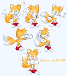 Size: 1818x2048 | Tagged: safe, artist:choccymilk589, miles "tails" prower, 2022, binoculars, holding something, multiple views, pointing, redraw, solo, sonic advance 3, sprite redraw, standing, stretching, tired