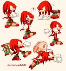 Size: 1882x2048 | Tagged: safe, artist:choccymilk589, cream the rabbit, knuckles the echidna, 2022, carrying them, duo, gliding, holding something, piko piko hammer, push-ups, redraw, simple background, sonic advance 3, sprite redraw