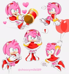 Size: 1917x2048 | Tagged: safe, artist:choccymilk589, amy rose, 2022, balloon, grey background, heart, holding something, jumping, multiple views, piko piko hammer, redraw, simple background, sitting, solo, sonic advance 3, sprite redraw