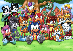 Size: 1768x1250 | Tagged: safe, artist:viraljp, amy rose, antoine d'coolette, barby koala, bunnie rabbot, dulcy the dragon, fiona fox, geoffrey st. john, hershey the cat, julie-su, knuckles the echidna, lupe the wolf, miles "tails" prower, mina mongoose, rotor walrus, sally acorn, sonic the hedgehog, cake, younger