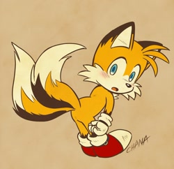 Size: 1418x1373 | Tagged: safe, artist:tailchana, miles "tails" prower, 2024, beige background, bending over, blushing, cute, looking at viewer, looking back, looking back at viewer, mouth open, signature, simple background, solo, tailabetes