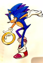 Size: 1385x2048 | Tagged: safe, artist:emirrart, sonic the hedgehog, 2020, holding something, looking at viewer, ring, smile, solo, standing on one leg, traditional media