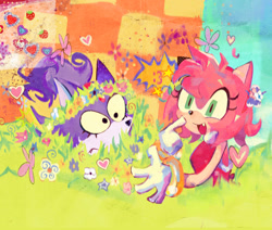 Size: 1374x1166 | Tagged: safe, artist:metalsonicplush, amy rose, blaze the cat, 2024, abstract background, amy x blaze, bush, cute, duo, flower, flower crown, grass, heart, hiding, lesbian, one fang, redraw, shipping, smile, yellow sclera