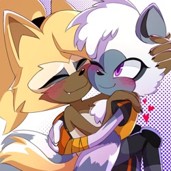 Size: 1280x1280 | Tagged: safe, artist:kkskfkgkwo72944, tangle the lemur, whisper the wolf, 2024, blushing, cute, duo, eyes closed, hugging, lesbian, one eye closed, shipping, smile, standing, tangabetes, tangle x whisper, whispabetes