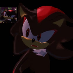 Size: 1080x1080 | Tagged: safe, artist:2121998x, shadow the hedgehog, 2024, black background, fangs, looking offscreen, mouth open, redraw, reference inset, shadow the hedgehog (video game), simple background, solo