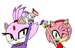 Size: 1280x823 | Tagged: safe, artist:sonic-wildfire, amy rose, blaze the cat, amy x blaze, bisexual, bisexual pride, duo, flag, flat colors, holding something, lesbian, lesbian pride, looking at viewer, pride, pride flag, shipping, simple background, smile, trans female, trans pride, transgender, white background, wink