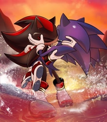 Size: 1802x2048 | Tagged: safe, artist:starlight_seed, shadow the hedgehog, sonic the hedgehog, 2024, abstract background, carrying them, duo, eyes closed, french kiss, gay, holding each other, kiss, making out, outdoors, shadow x sonic, shipping, signature, standing, sunset, water