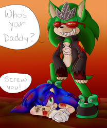 Size: 700x840 | Tagged: safe, artist:chocomintystars, scourge the hedgehog, sonic the hedgehog, hedgehog, blue fur, crown, fingerless gloves, glasses, gloves, green eyes, green fur, jacket, male, shoes, sunglasses