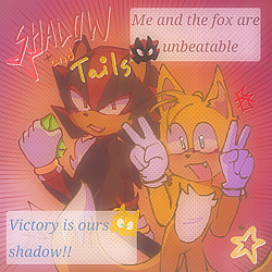 Size: 736x736 | Tagged: safe, artist:dilfzshadow, miles "tails" prower, shadow the hedgehog, abstract background, blushing, chaos emerald, character name, cute, dialogue, double v sign, duo, english text, holding something, looking at viewer, looking offscreen, one fang, posing, shadowbetes, signature, smile, speech bubble, standing, star (symbol), tailabetes, v sign