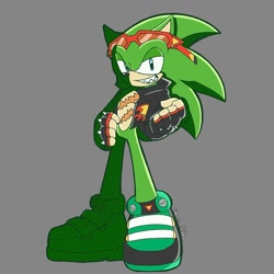 Size: 1080x1080 | Tagged: safe, artist:cherri_s0da, scourge the hedgehog, hedgehog, blue eyes, fingerless gloves, glasses, glasses on head, gloves, green fur, jacket, male, riders style, scars, sharp teeth, shoes, sonic riders, sunglasses