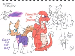 Size: 1946x1457 | Tagged: safe, artist:cmara, knuckles the echidna, rouge the bat, bat pony, dragon, dragonified, ponified, species swap, traditional media