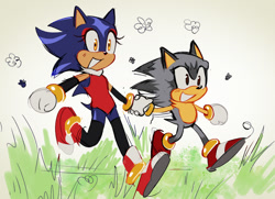 Size: 1157x837 | Tagged: safe, artist:maightymai, oc, oc:meadow the hedgehog, oc:stellar the hedgehog, hedgehog, brother and sister, cute, duo, fankid, grass, holding hands, looking ahead, looking offscreen, magical gay spawn, mouth open, parent:shadow, parent:sonic, parents:sonadow, smile, walking