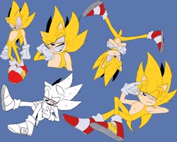 Size: 2048x1640 | Tagged: safe, artist:sonslivshad, sonic the hedgehog, 2024, blue background, fleetway super sonic, looking offscreen, sharp teeth, simple background, smile, solo, super form