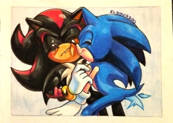 Size: 2048x1460 | Tagged: safe, artist:pix3_0, shadow the hedgehog, sonic the hedgehog, 2024, cute, duo, eyes closed, gay, kiss on cheek, shadow x sonic, shipping, signature, smile, sonabetes, standing, traditional media, wagging tail