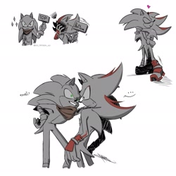 Size: 2048x2048 | Tagged: safe, artist:00_tbteen_00, shadow the hedgehog, sonic the hedgehog, ..., 2024, duo, eyes closed, facepalm, frown, gay, heart, hugging, looking at each other, monochrome, shadow x sonic, shadowed face, shipping, sign, simple background, smile, sonic boom (tv), sparkles, standing, sweatdrop, white background