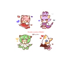 Size: 1080x900 | Tagged: safe, artist:miso_ktn, amy rose, blaze the cat, cosmo the seedrian, rouge the bat, seedrian, 2024, chibi, english text, group, heart, simple background, white background