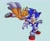 Size: 1985x1609 | Tagged: safe, artist:baffledbritt, miles "tails" prower, sonic the hedgehog, 2024, duo, eyes closed, hugging, hugging from behind, looking at them, mid-air, signature, simple background, smile, treads, turquoise background