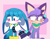 Size: 3800x3000 | Tagged: safe, artist:tecmiles, kit the fennec, oc, oc:miles the cat, cat, fox, 2023, abstract background, blushing, canon x oc, cute, duo, fennec, gay, hand behind head, hand on arm, holding hands, idw sonic the hedgehog, kitabetes, lidded eyes, looking away, ocbetes, shipping, shy, smile, standing