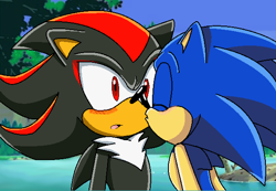 Size: 600x414 | Tagged: safe, artist:idalyaoisonic1344, shadow the hedgehog, sonic the hedgehog, 2014, abstract background, blushing, daytime, duo, eyes closed, fake screenshot, faux screencap, gay, kiss on cheek, mouth open, outdoors, shadow x sonic, shipping, sonic x, sonic x style, standing