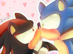 Size: 2040x1530 | Tagged: safe, artist:mizuki247, shadow the hedgehog, sonic the hedgehog, 2019, accidental kiss, blushing, duo, gay, heart, kiss, looking at them, outline, pink background, shadow x sonic, shipping, shrunken pupils, signature, simple background