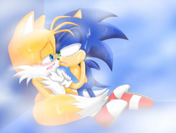 Size: 1024x778 | Tagged: suggestive, artist:violet-tarita, miles "tails" prower, sonic the hedgehog, 2014, abstract background, blushing, finger under chin, gay, kneeling, lidded eyes, looking at each other, mouth open, shipping, sonic x tails, wet