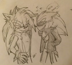 Size: 1063x960 | Tagged: safe, artist:leooodh, scourge the hedgehog, 2015, blushing, dialogue, duo, english text, eye clipping through hair, flirting, gay, hand in pocket, hand on hip, heart, incest, line art, looking at each other, manic the hedgehog, manourge, pencilwork, scouranic, shipping, signature, smile, standing, traditional media