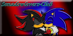 Size: 487x246 | Tagged: artist needed, safe, shadow the hedgehog, sonic the hedgehog, 2006, banner, eyes closed, gay, gradient background, holding each other, kiss, shadow x sonic, ship name, shipping, smile, uekawa style