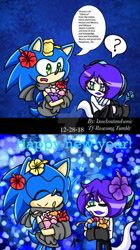 Size: 400x712 | Tagged: safe, artist:knockoutandsonic, sonic the hedgehog, zor, hedgehog, zeti, 2018, abstract background, alternate outfit, cute, deviantart watermark, dialogue, duo, english text, eyebrow clipping through hair, eyes closed, flower, gay, happy new year, hibiscus, holding something, looking at each other, new years, question mark, scarf, shipping, signature, smile, sonabetes, sonic x zor, watermark, wholesome, yellow sclera, zorabetes