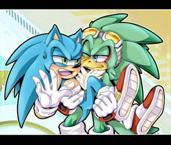 Size: 875x741 | Tagged: safe, artist:13voin, jet the hawk, sonic the hedgehog, 2012, abstract background, border, duo, eye twitch, gay, jet x sonic, looking at each other, mouth open, shipping, smile, standing, sweatdrop, wink