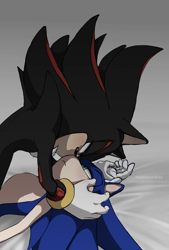 Size: 744x1102 | Tagged: safe, artist:harooncookiez720, shadow the hedgehog, sonic the hedgehog, 2021, bed, duo, frown, gay, hand on another's head, lidded eyes, looking at each other, lying down, sexy, shadow x sonic, shipping