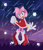 Size: 1775x2048 | Tagged: safe, artist:icyy-stxrlight, amy rose, sonic frontiers, abstract background, grass, looking at viewer, mouth open, nighttime, open smile, outdoors, reaching towards the viewer, shooting star, smile, smiling at viewer, solo, sonic channel style, standing, star (sky), star piece