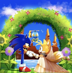 Size: 1760x1775 | Tagged: safe, artist:snt0skt, miles "tails" prower, omochao, sonic the hedgehog, chao, green hill zone, 2024, abstract background, arch, book, bowtie, clouds, crossdressing, daytime, femboy, flower, gay, grass, holding hands, looking at each other, mouth open, outdoors, outline, robot, shipping, smile, sonic x tails, sparkles, standing, sunflower, sweatdrop, trio, water, wedding, wedding dress, wedding veil