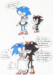 Size: 1461x2048 | Tagged: safe, artist:redhartsblog, shadow the hedgehog, sonic the hedgehog, blushing, crossdressing, dialogue, dress, duo, english text, femboy, gay, lifting dress, maid outfit, shadow x sonic, shipping, simple background, speech bubble, standing, traditional media, white background