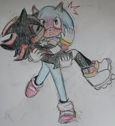 Size: 1878x2048 | Tagged: safe, artist:kinderkitty, shadow the hedgehog, sonic the hedgehog, blushing, carrying them, cute, duo, eyes closed, gay, kiss on cheek, mouth open, shadow x sonic, shadowbetes, shipping, sonabetes, surprise kiss, surprised, traditional media, walking