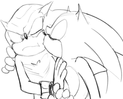 Size: 550x445 | Tagged: safe, artist:un-genesis, shadow the hedgehog, sonic the hedgehog, 2018, arm around shoulders, duo, eyes closed, frown, gay, kiss on cheek, line art, looking at them, monochrome, one eye closed, shadow x sonic, shipping, simple background, white background