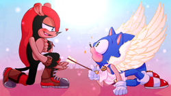 Size: 1920x1080 | Tagged: safe, artist:snicsnac, mighty the armadillo, sonic the hedgehog, 2018, abstract background, angel wings, arrow, blushing, blushing ears, duo, gay, heart, kneeling, lidded eyes, looking at each other, lying on front, mouth open, robe, shipping, sonighty