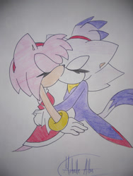 Size: 3000x4000 | Tagged: safe, artist:sonadownessfan, amy rose, blaze the cat, 2012, amy x blaze, amybetes, blazebetes, cute, duo, eyes closed, holding them, kiss, lesbian, shipping, signature, traditional media